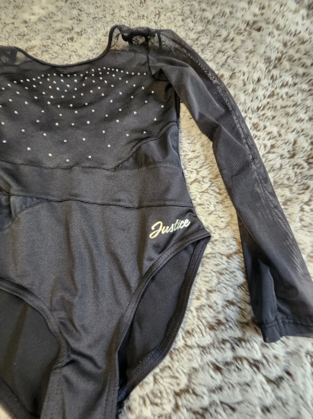 Justice Black Mesh LS Leotard + Scrunchie Girls S 7-8 Dance Gymnastics
